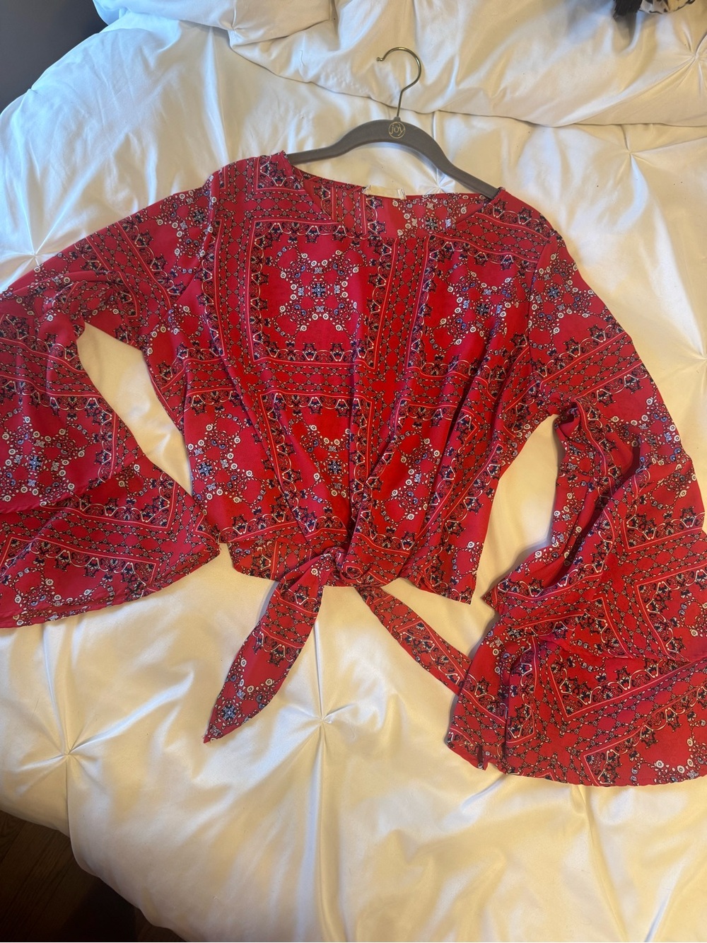Altar'd State Red Printed Tie-Front Bell Sleeve Blouse